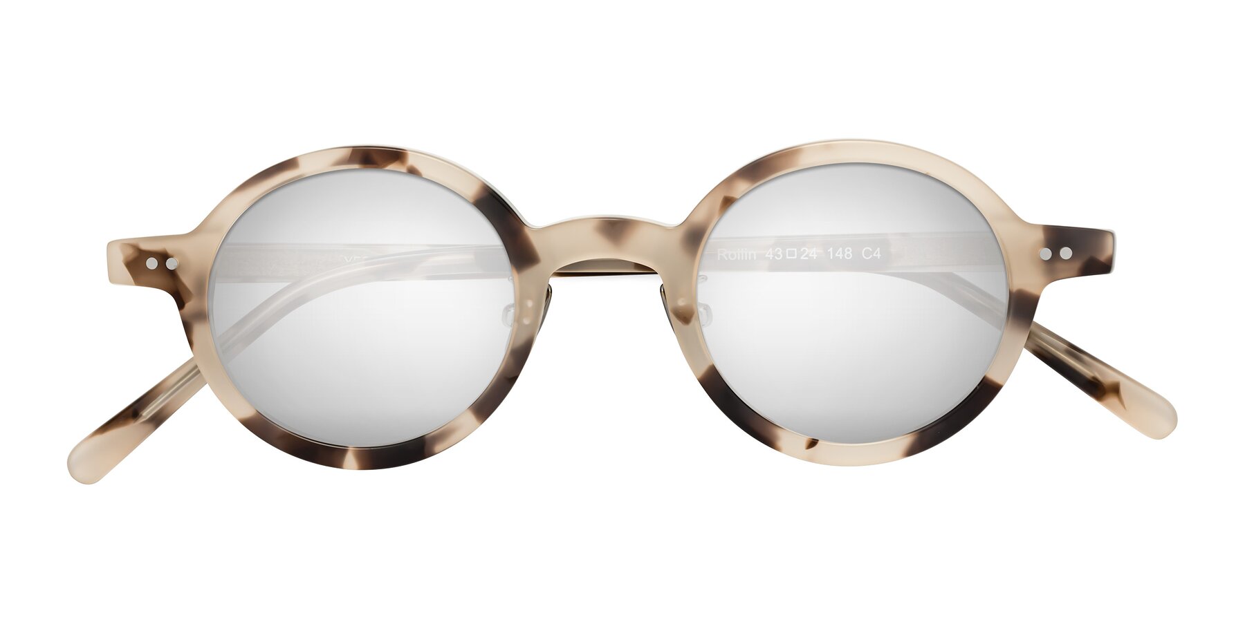 Folded Front of Rollin in Ivory Tortoise with Silver Mirrored Lenses