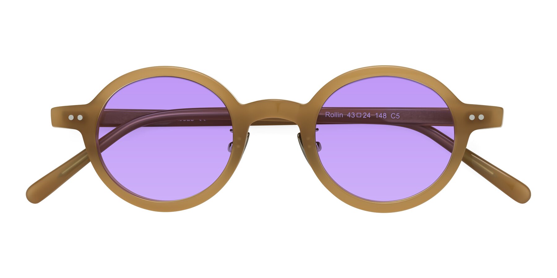 Folded Front of Rollin in Caramel with Medium Purple Tinted Lenses