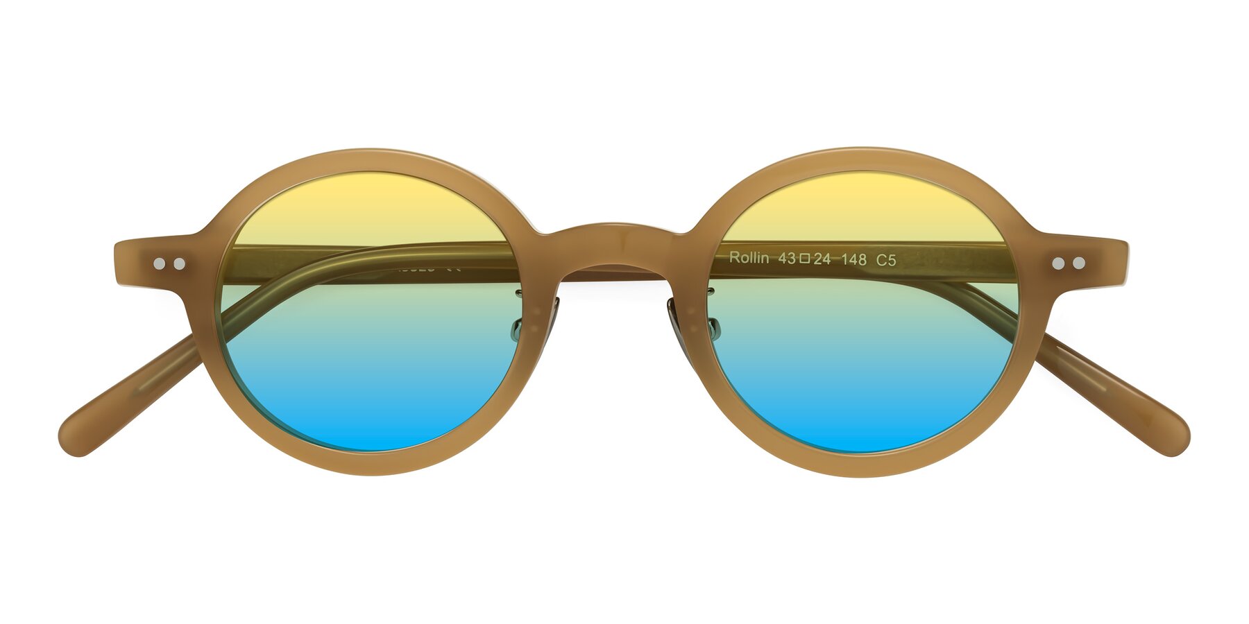 Folded Front of Rollin in Caramel with Yellow / Blue Gradient Lenses