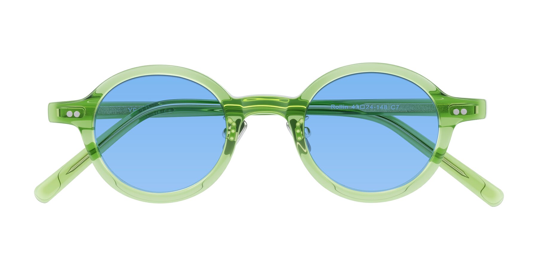 Folded Front of Rollin in Transparent Green with Medium Blue Tinted Lenses