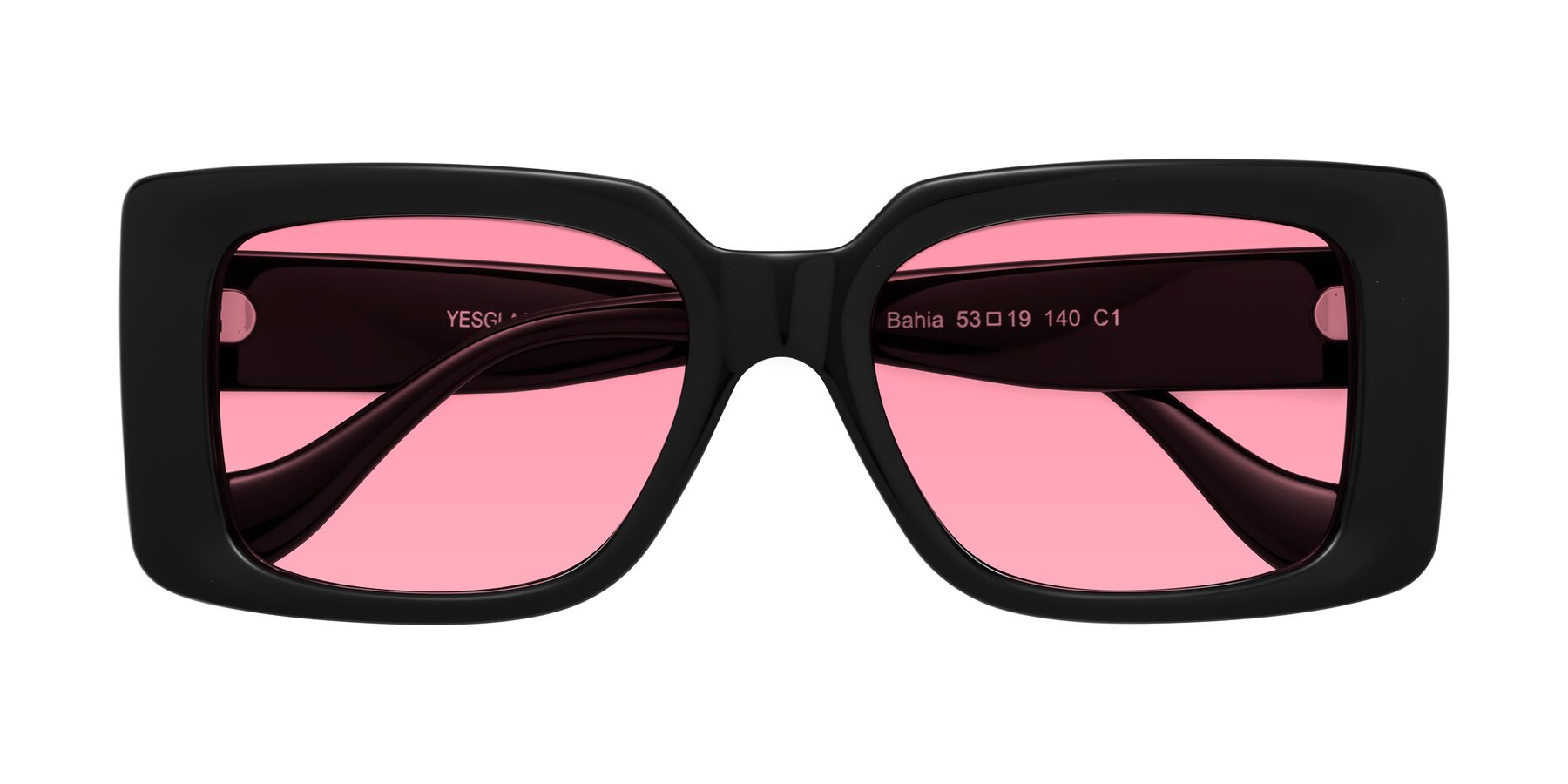 Folded Front of Bahia in Black with Pink Tinted Lenses