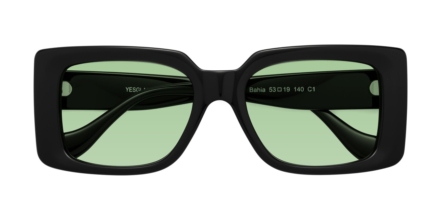 Folded Front of Bahia in Black with Medium Green Tinted Lenses