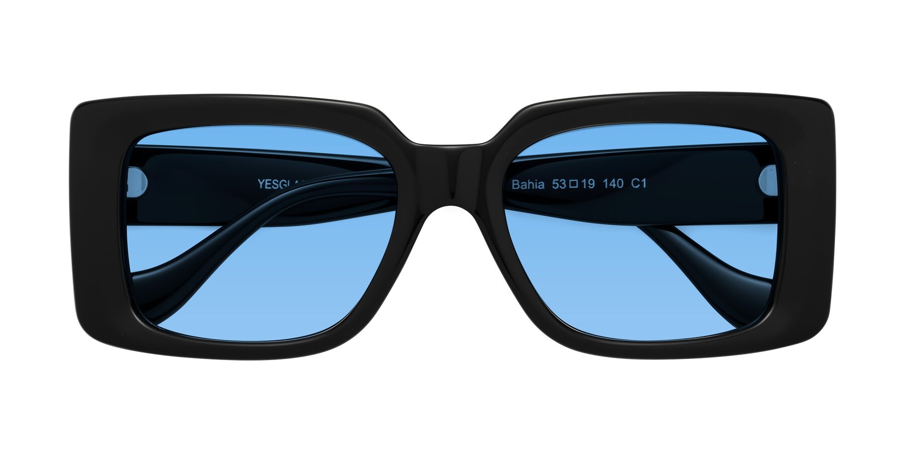 Folded Front of Bahia in Black with Medium Blue Tinted Lenses