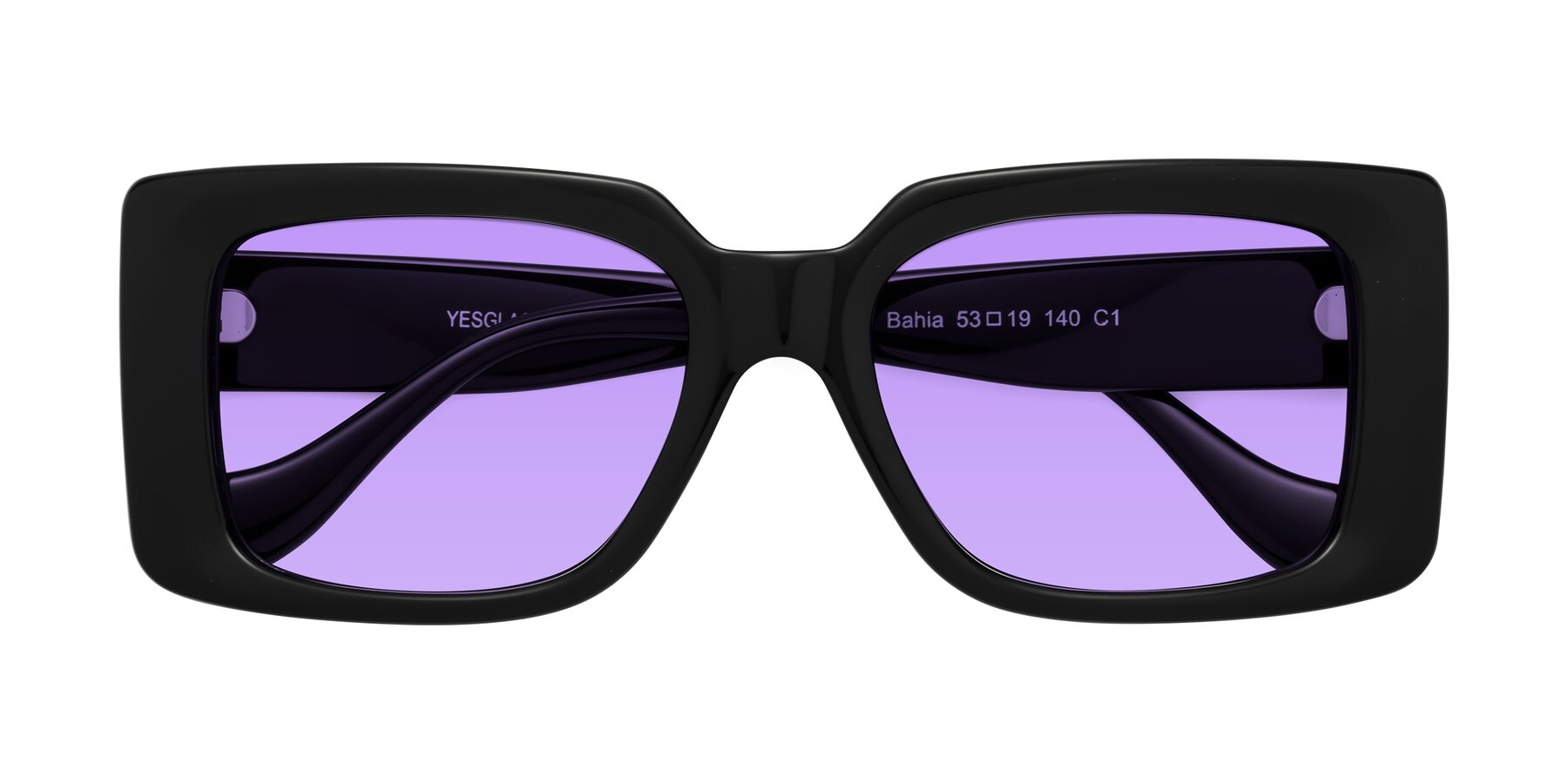 Folded Front of Bahia in Black with Medium Purple Tinted Lenses