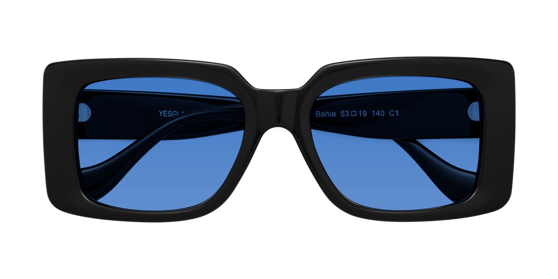 Folded Front of Bahia in Black with Blue Tinted Lenses