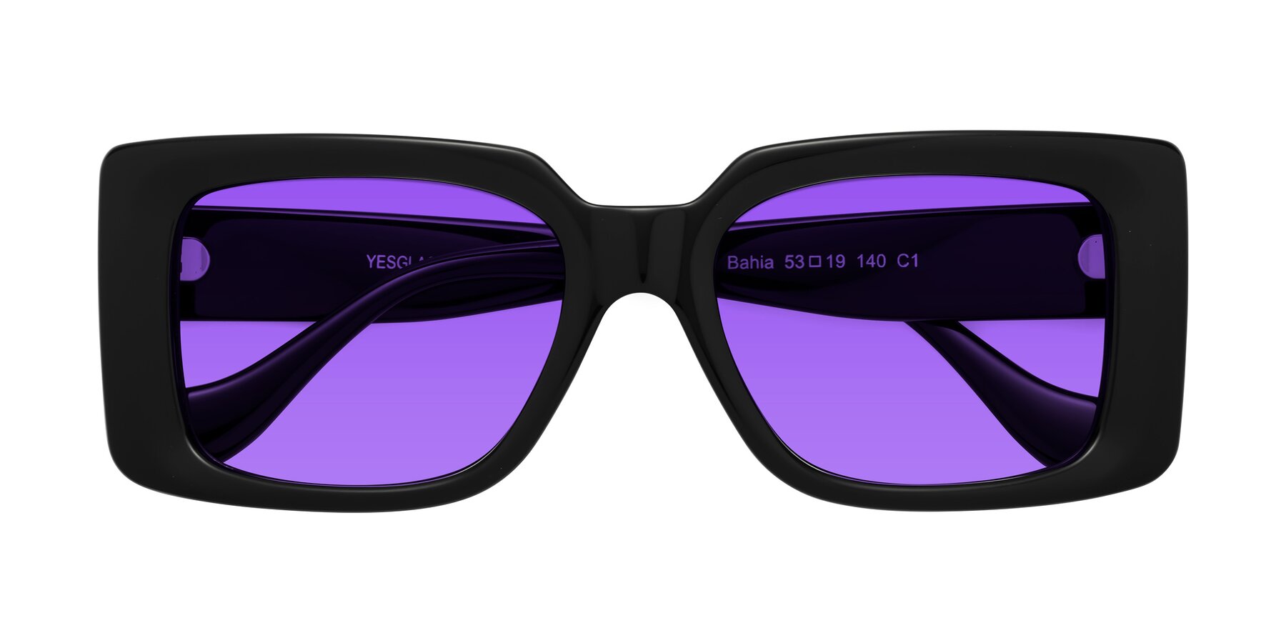 Folded Front of Bahia in Black with Purple Tinted Lenses