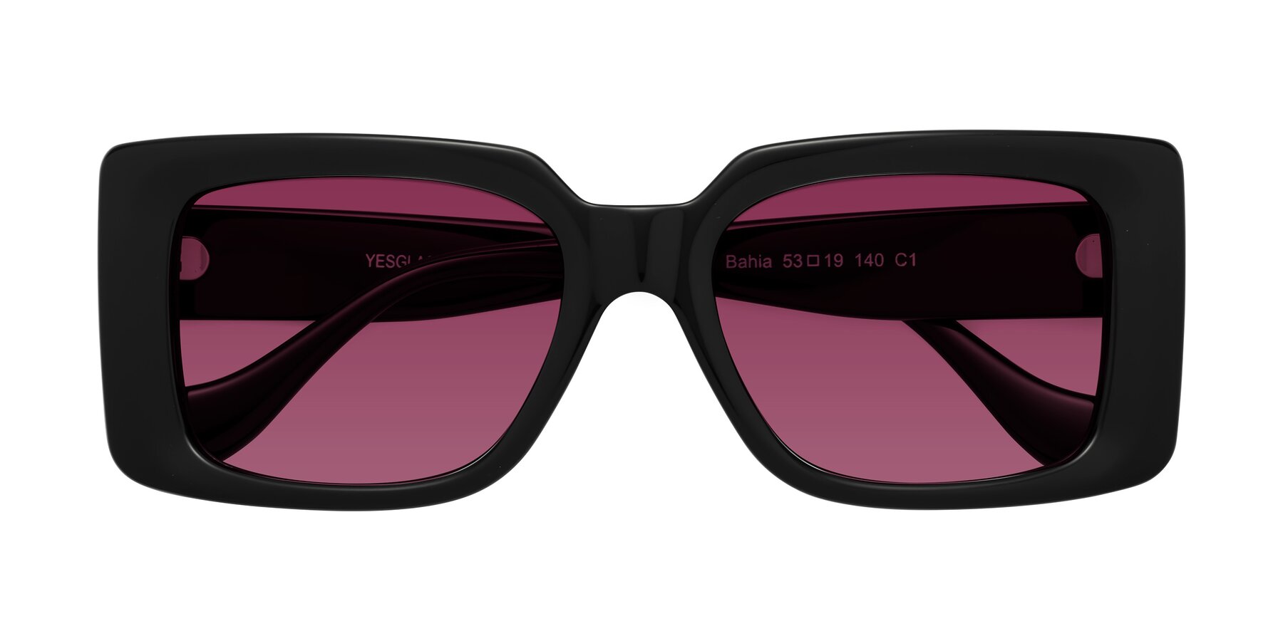 Folded Front of Bahia in Black with Wine Tinted Lenses