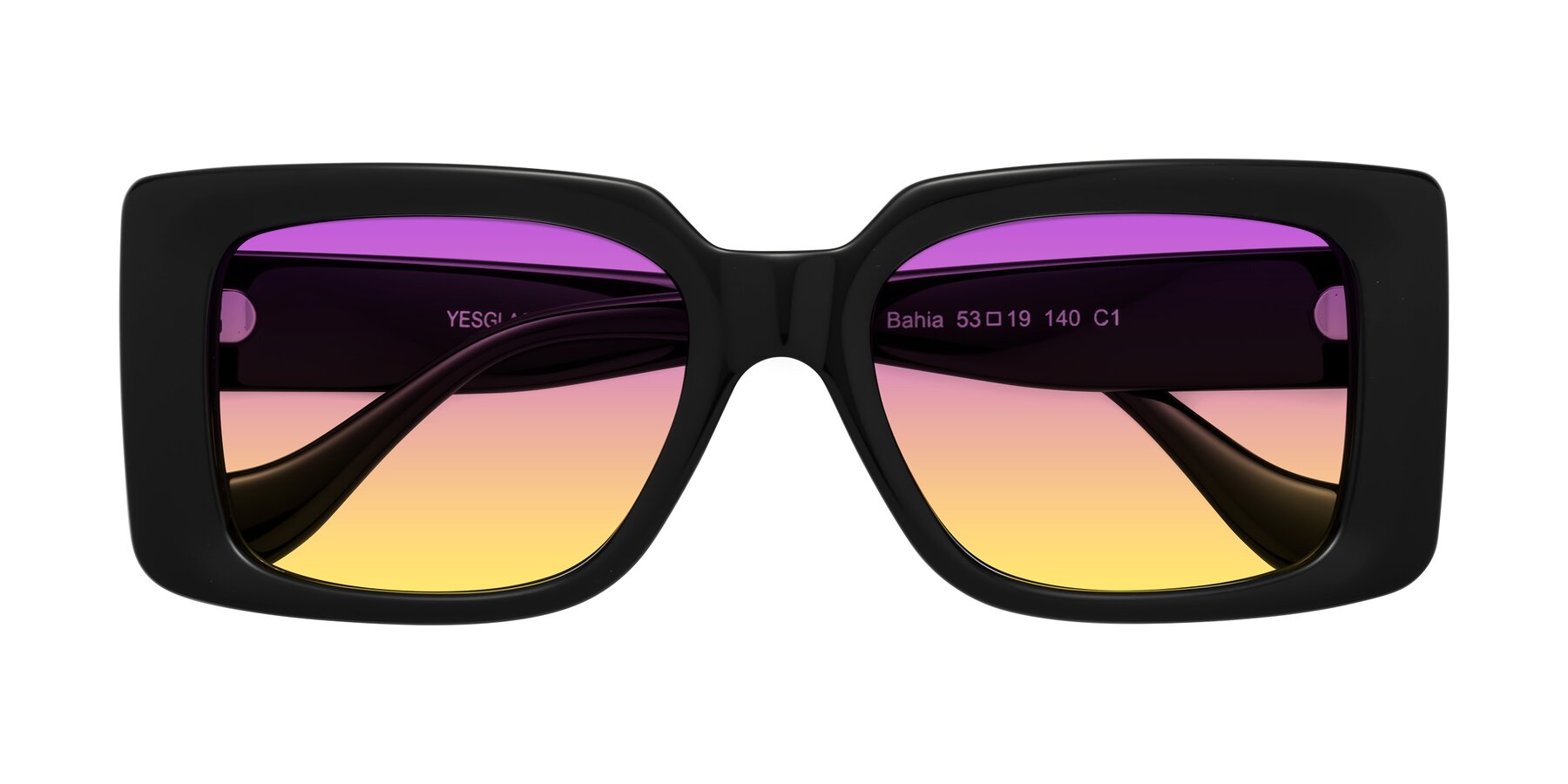 Folded Front of Bahia in Black with Purple / Yellow Gradient Lenses