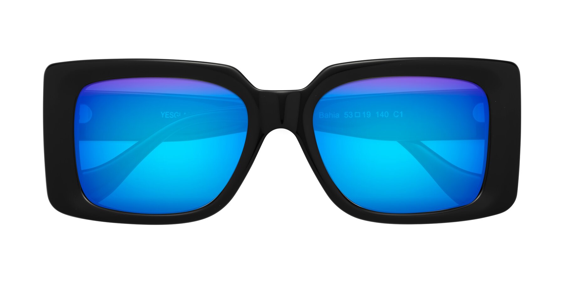 Folded Front of Bahia in Black with Blue Mirrored Lenses