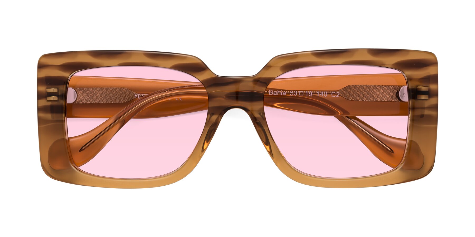 Folded Front of Bahia in Amber Striped with Light Pink Tinted Lenses