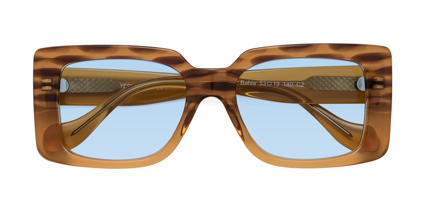 Folded Front of Bahia in Amber Striped with Light Blue Tinted Lenses