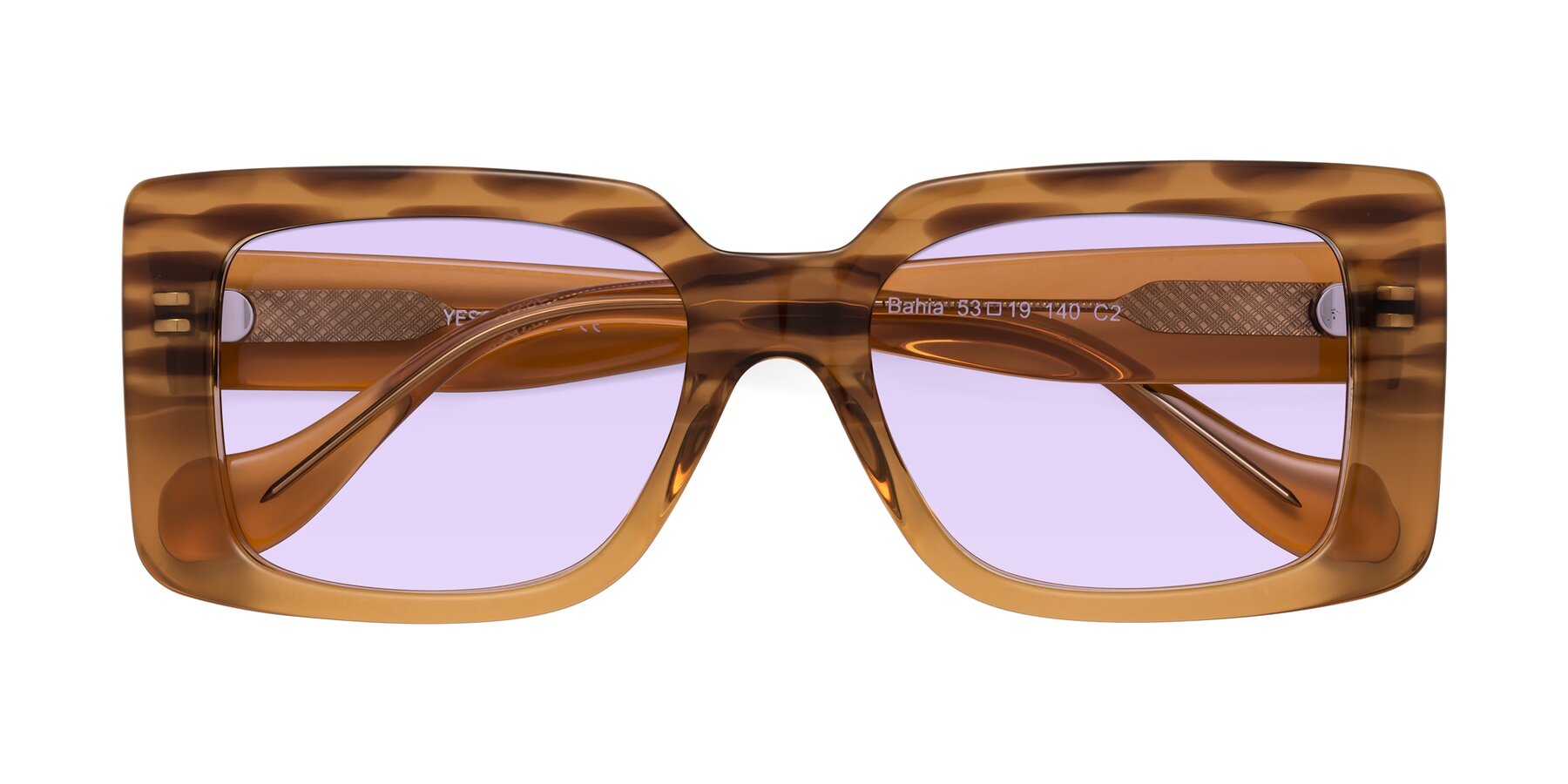 Folded Front of Bahia in Amber Striped with Light Purple Tinted Lenses