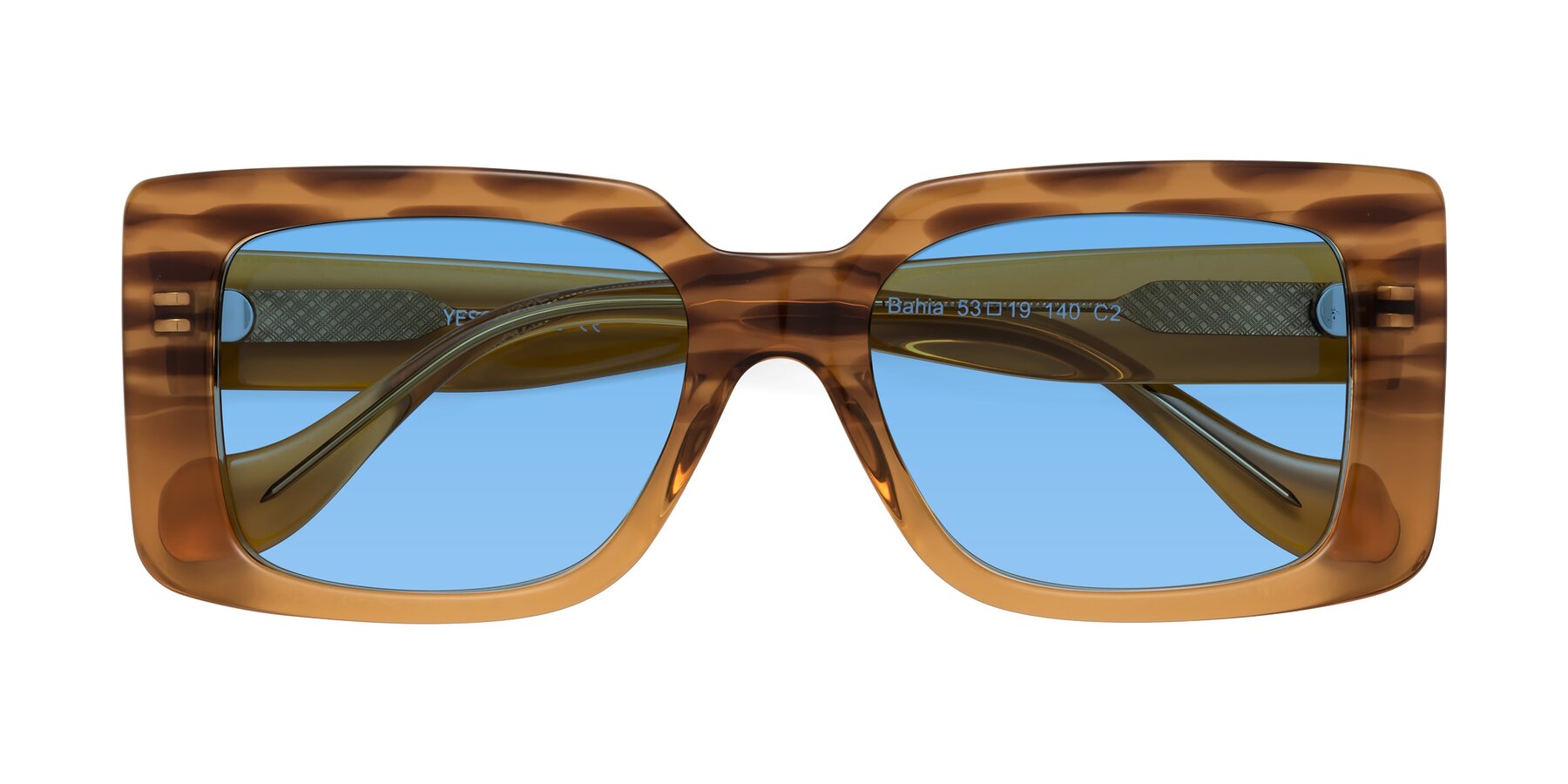 Folded Front of Bahia in Amber Striped with Medium Blue Tinted Lenses