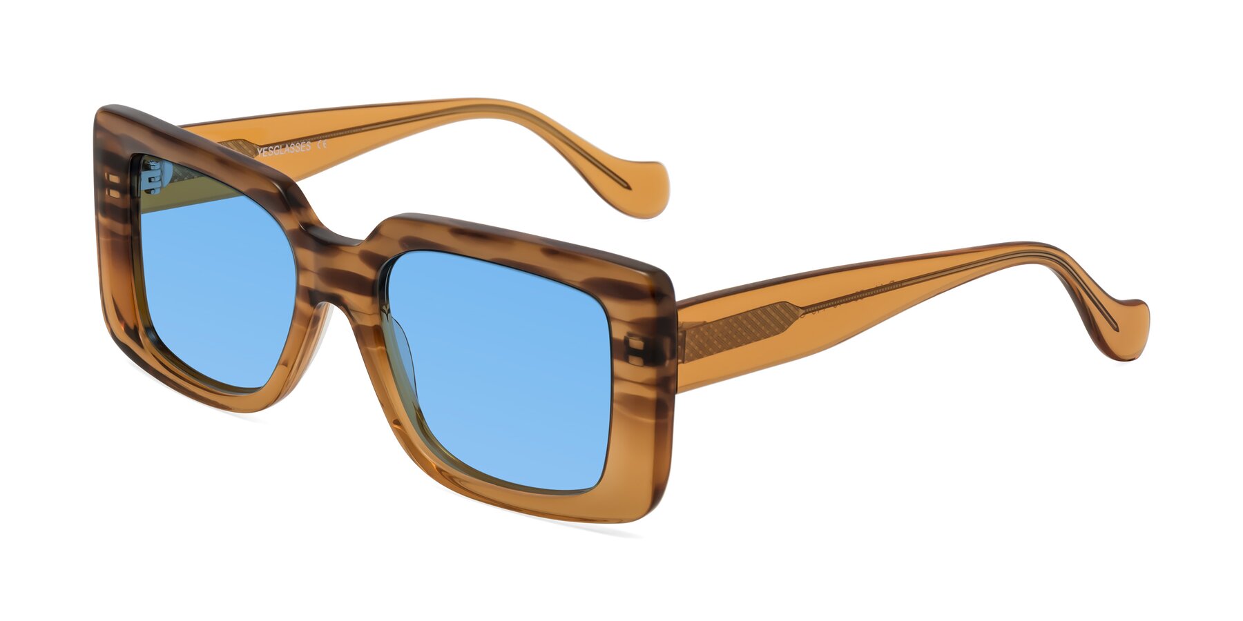 Angle of Bahia in Amber Striped with Medium Blue Tinted Lenses