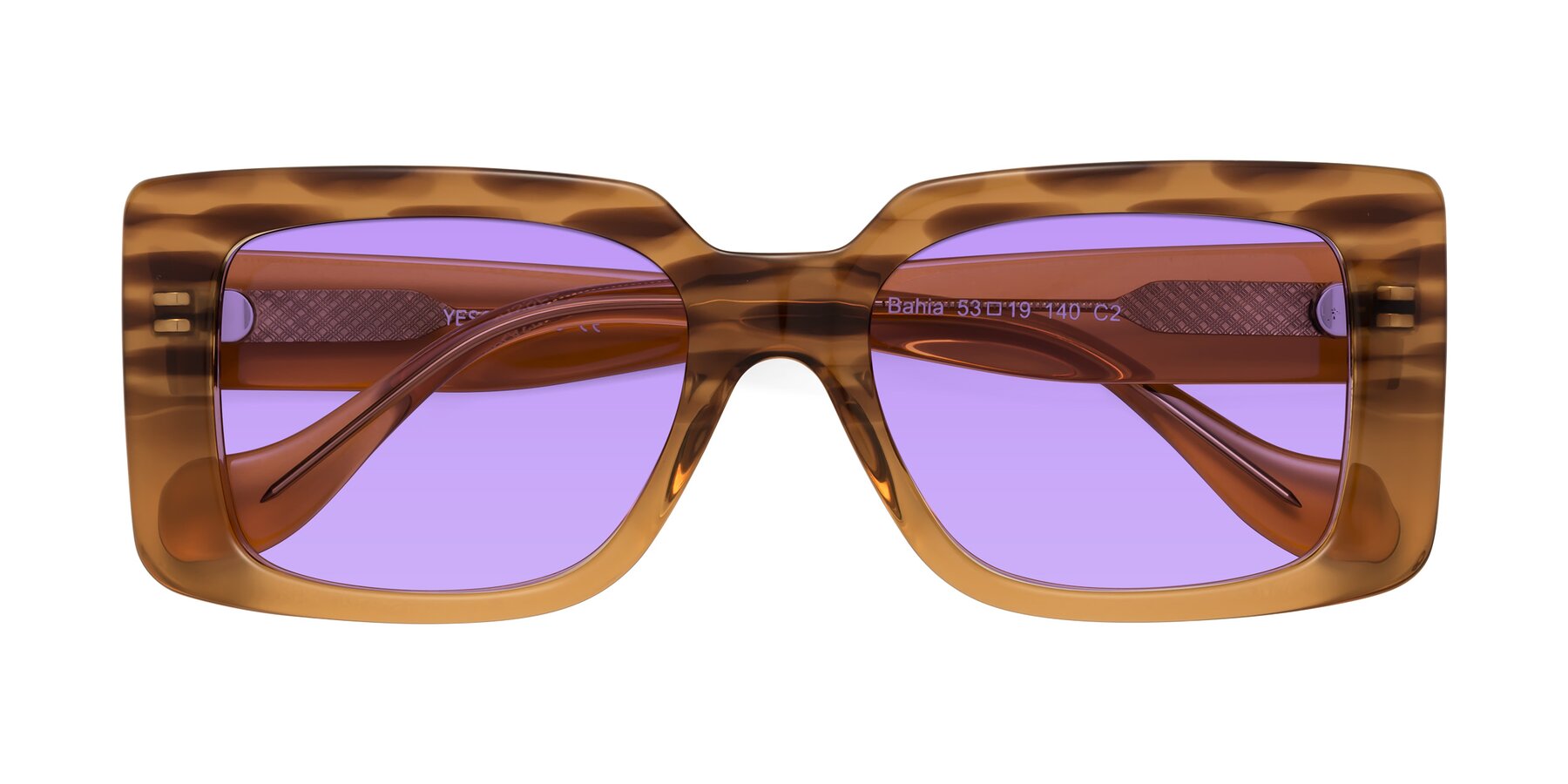 Folded Front of Bahia in Amber Striped with Medium Purple Tinted Lenses