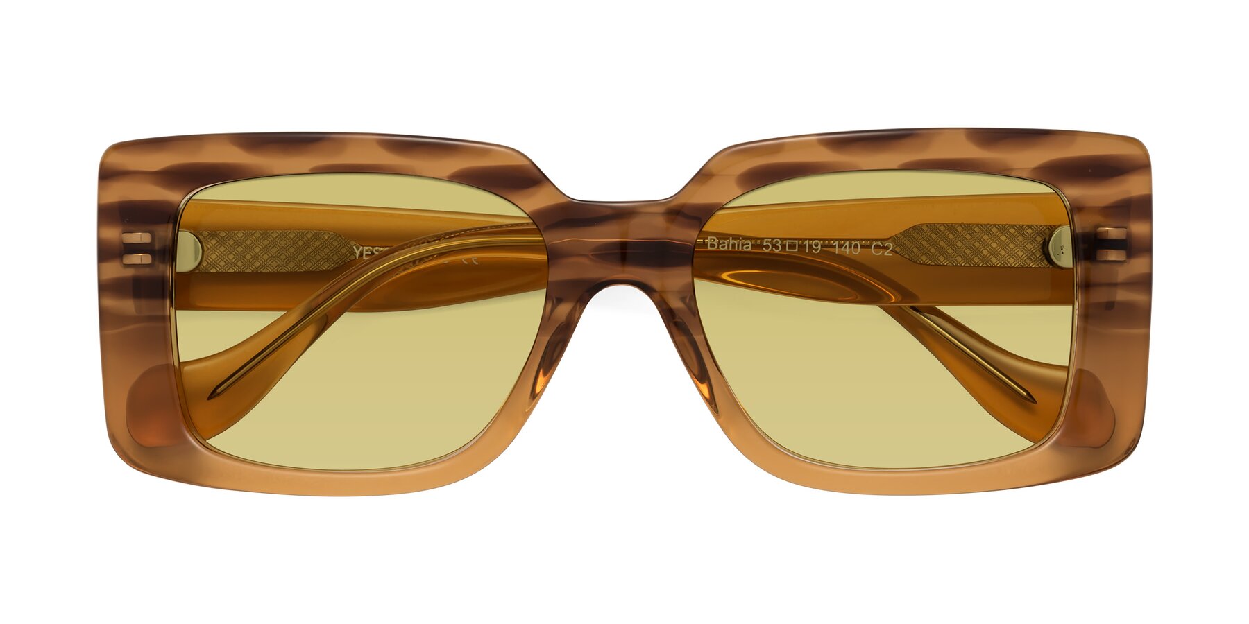 Folded Front of Bahia in Amber Striped with Medium Champagne Tinted Lenses