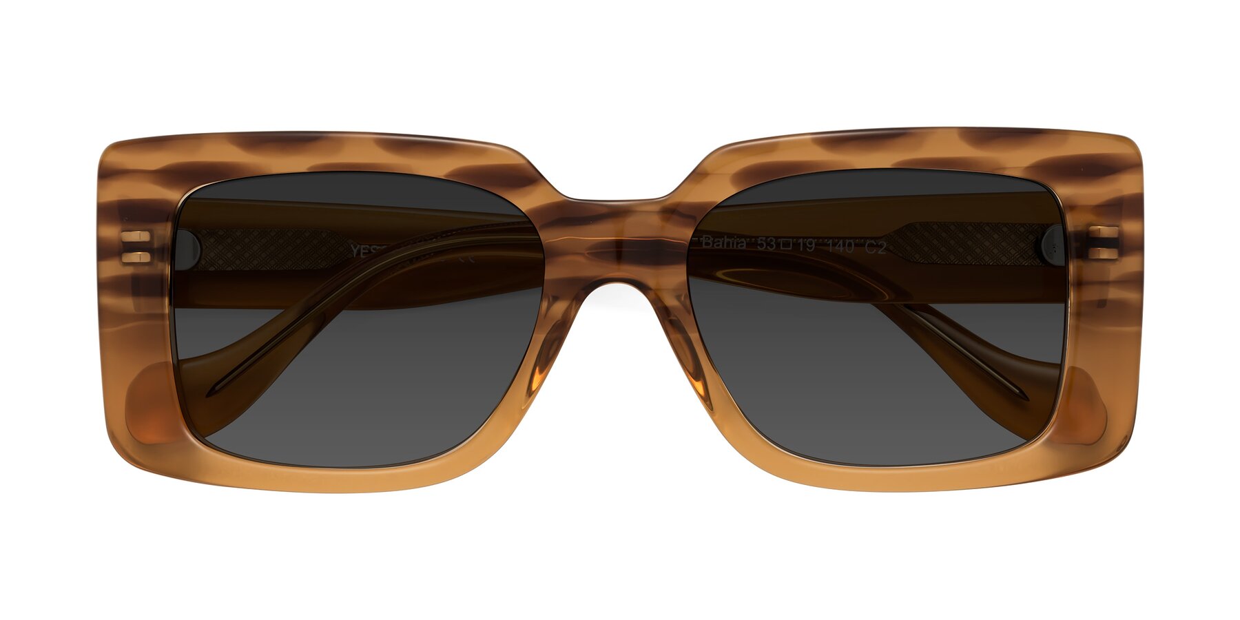 Folded Front of Bahia in Amber Striped with Gray Tinted Lenses