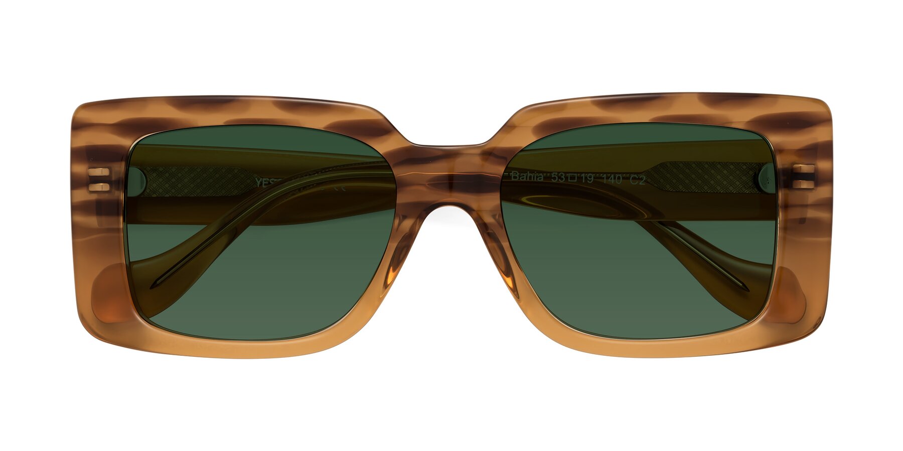 Folded Front of Bahia in Amber Striped with Green Tinted Lenses