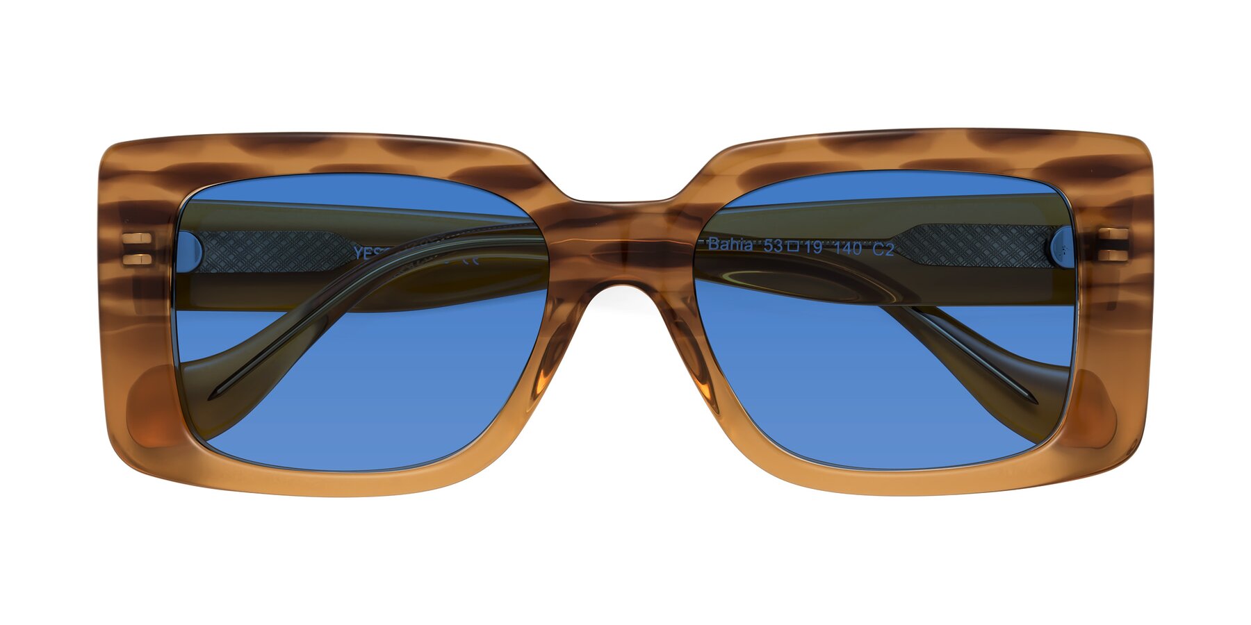Folded Front of Bahia in Amber Striped with Blue Tinted Lenses