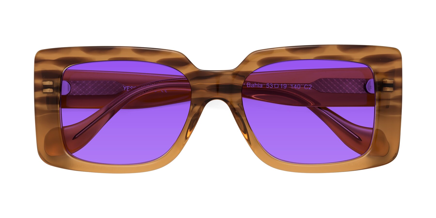 Folded Front of Bahia in Amber Striped with Purple Tinted Lenses