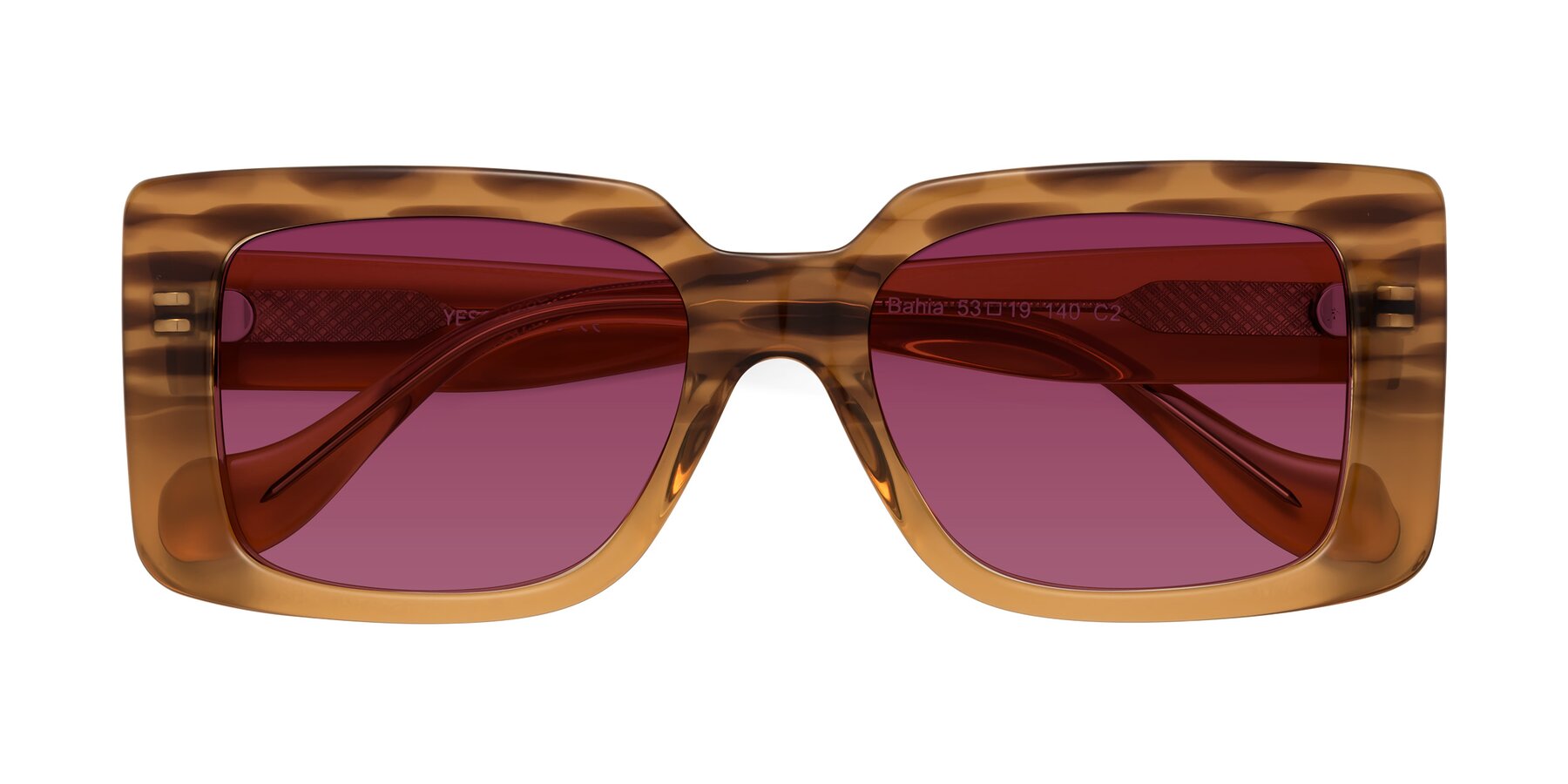 Folded Front of Bahia in Amber Striped with Wine Tinted Lenses