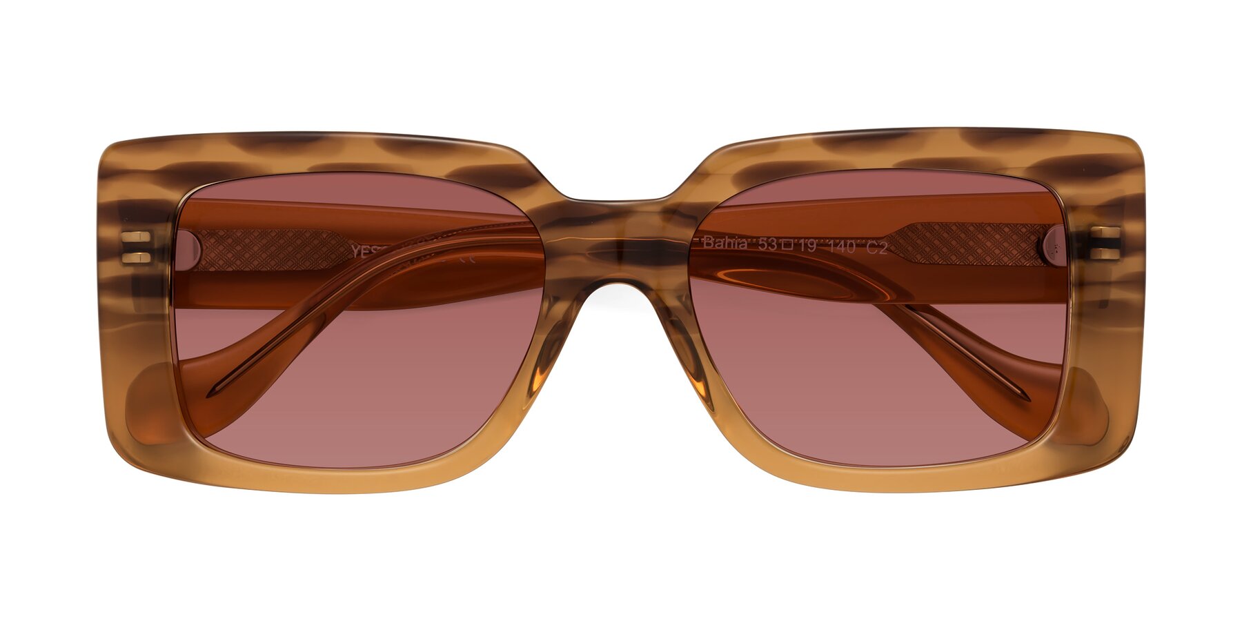 Folded Front of Bahia in Amber Striped with Garnet Tinted Lenses