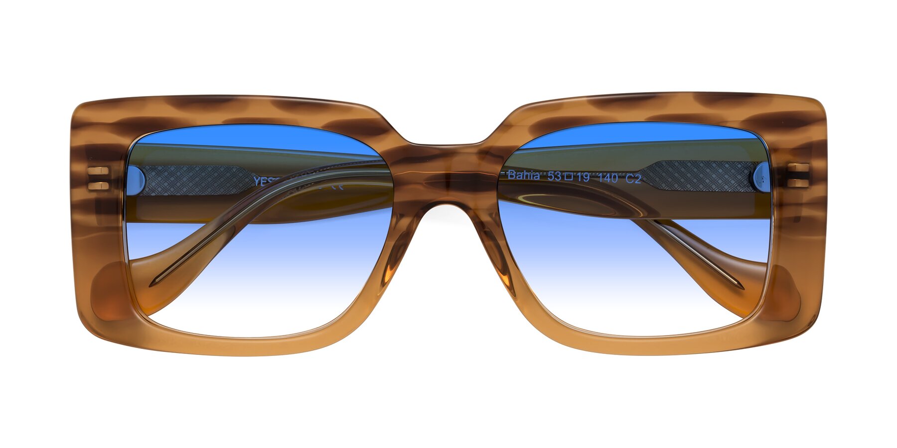 Folded Front of Bahia in Amber Striped with Blue Gradient Lenses