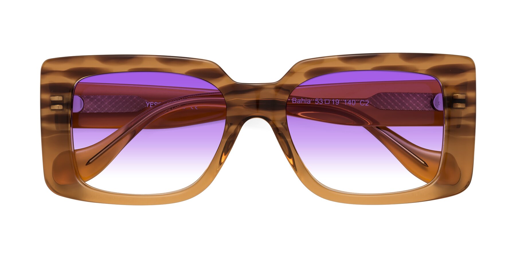Folded Front of Bahia in Amber Striped with Purple Gradient Lenses