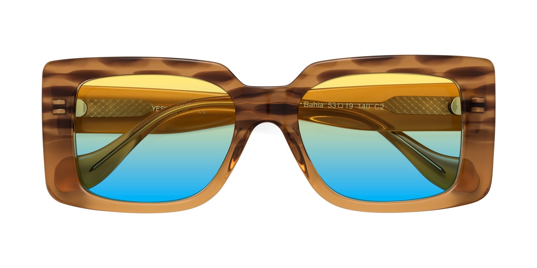 Folded Front of Bahia in Amber Striped with Yellow / Blue Gradient Lenses