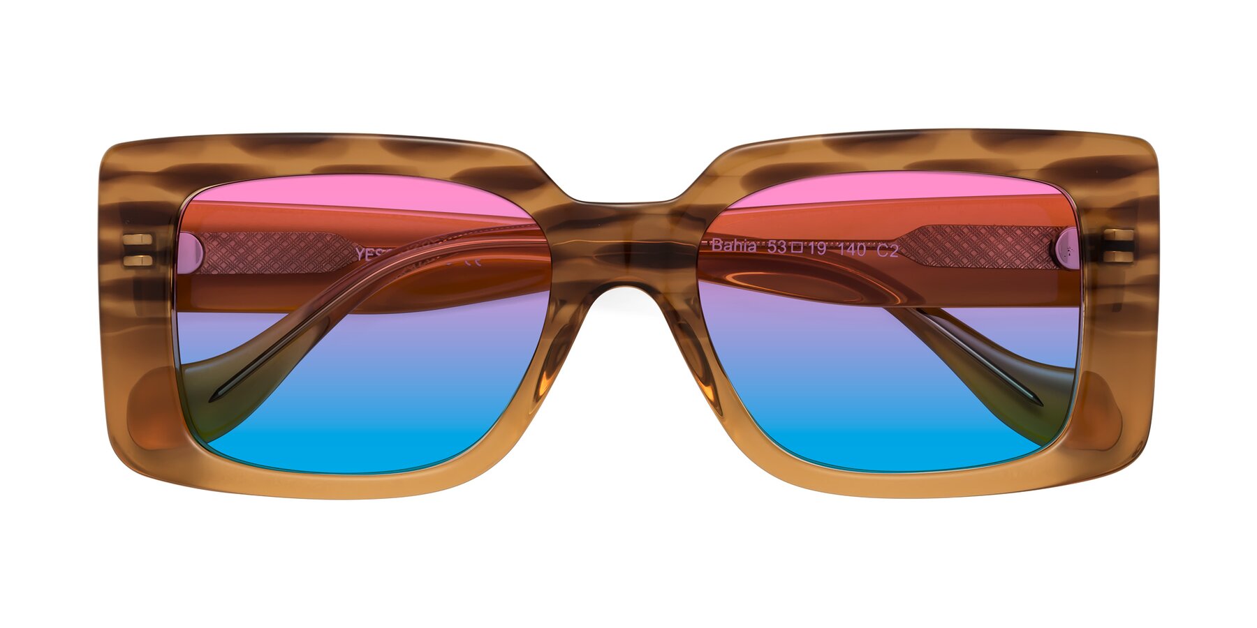 Folded Front of Bahia in Amber Striped with Pink / Blue Gradient Lenses