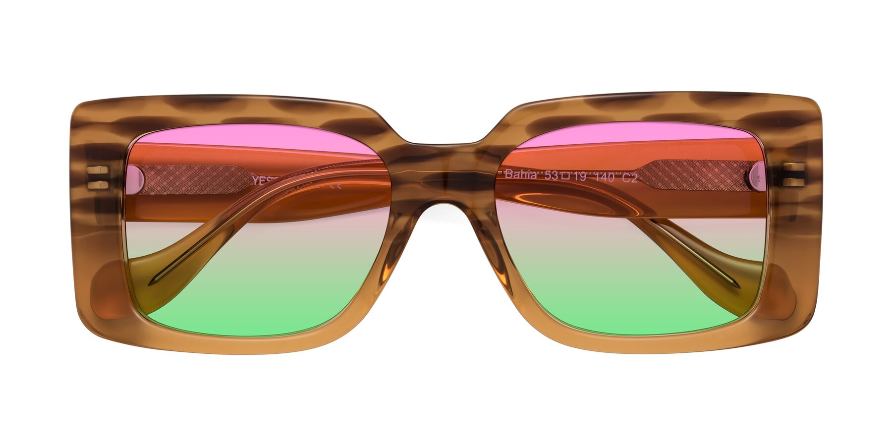 Folded Front of Bahia in Amber Striped with Pink / Green Gradient Lenses