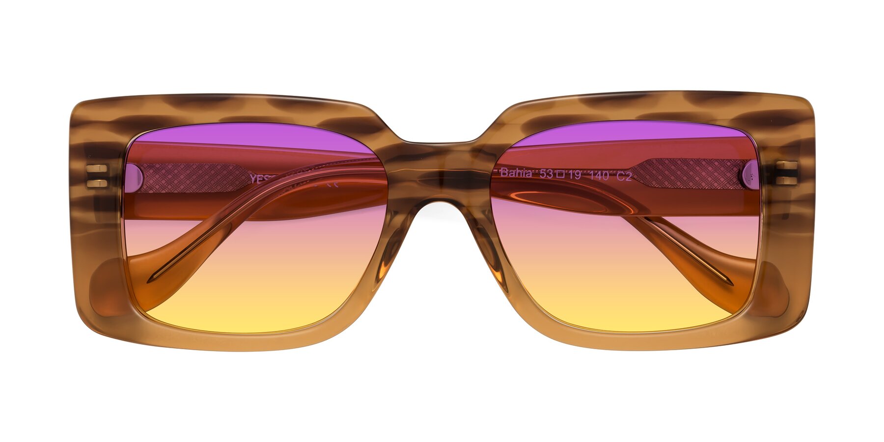 Folded Front of Bahia in Amber Striped with Purple / Yellow Gradient Lenses