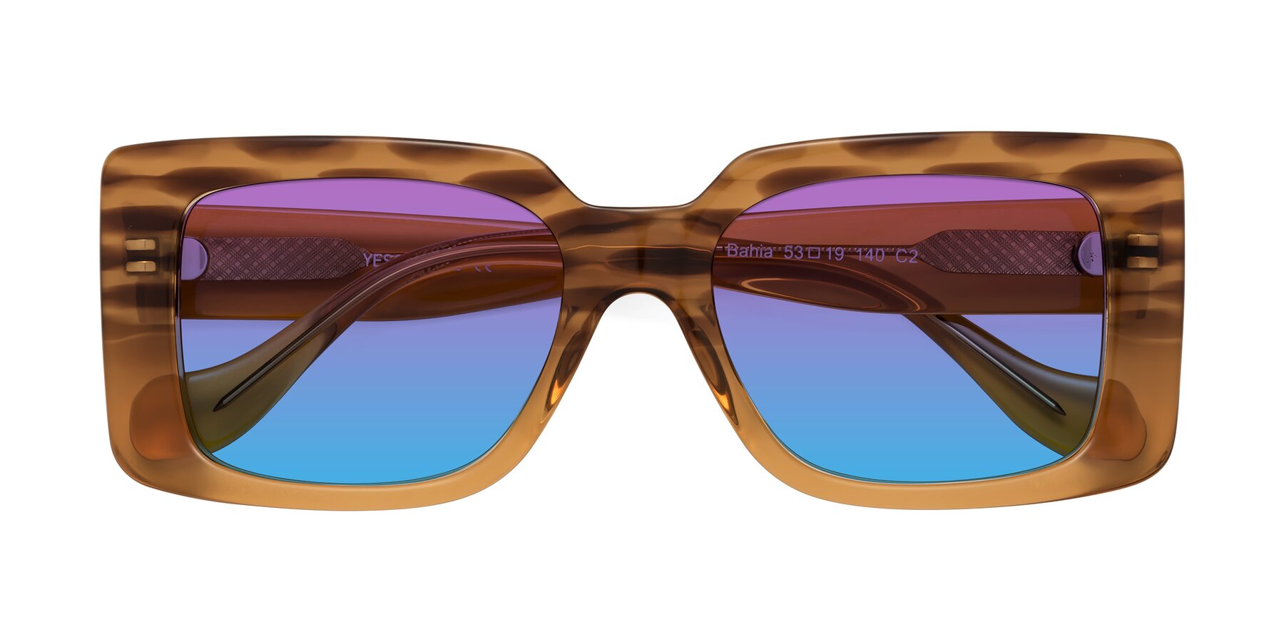Folded Front of Bahia in Amber Striped with Purple / Blue Gradient Lenses
