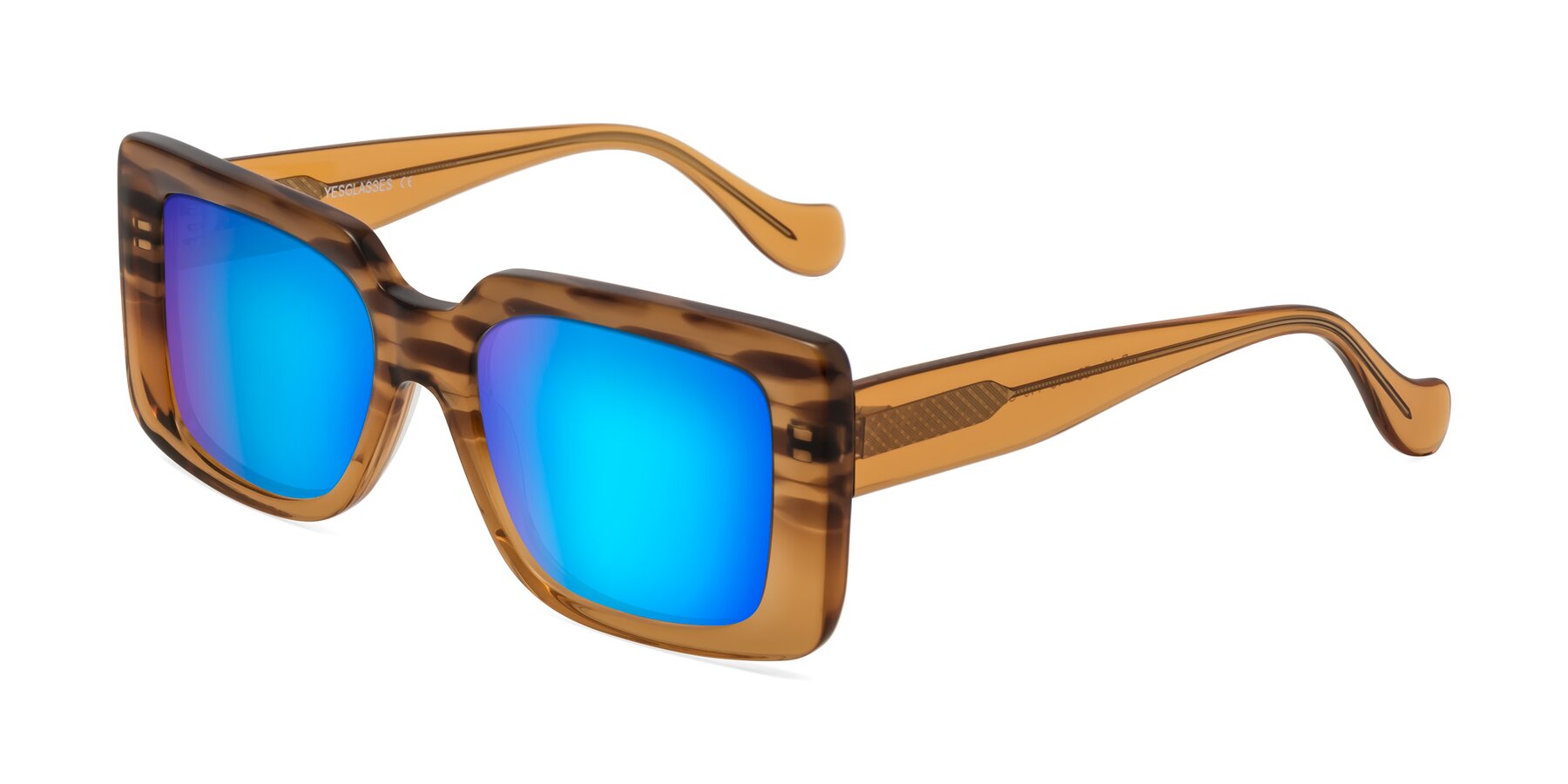 Angle of Bahia in Amber Striped with Blue Mirrored Lenses