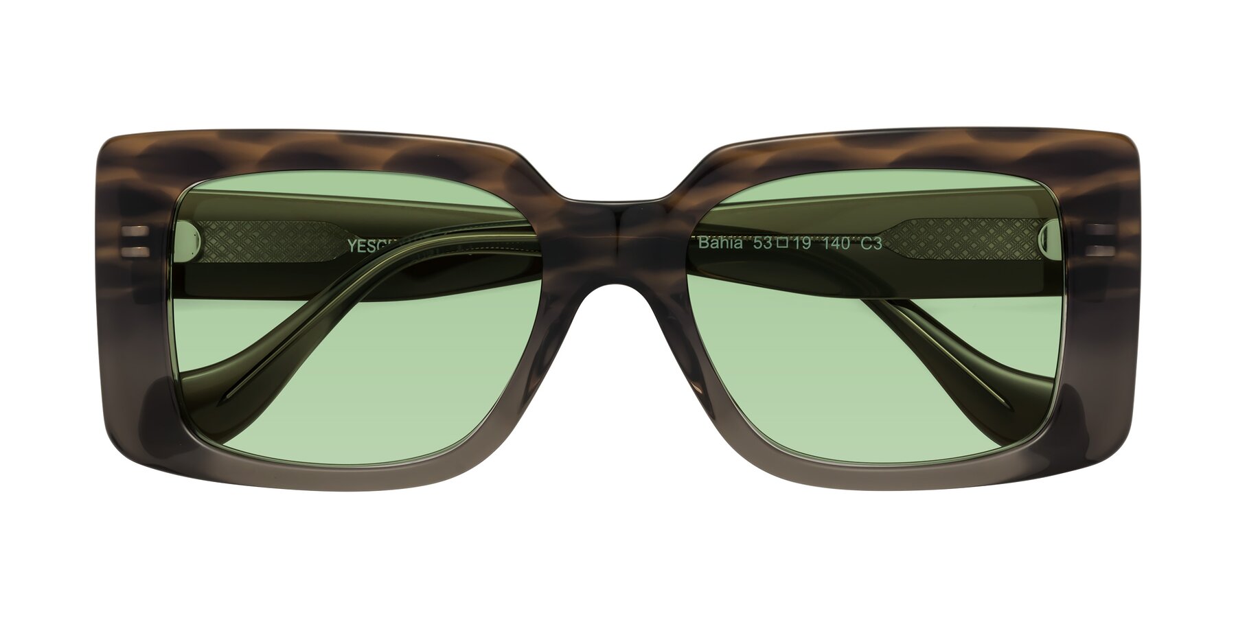 Folded Front of Bahia in Gray Striped with Medium Green Tinted Lenses