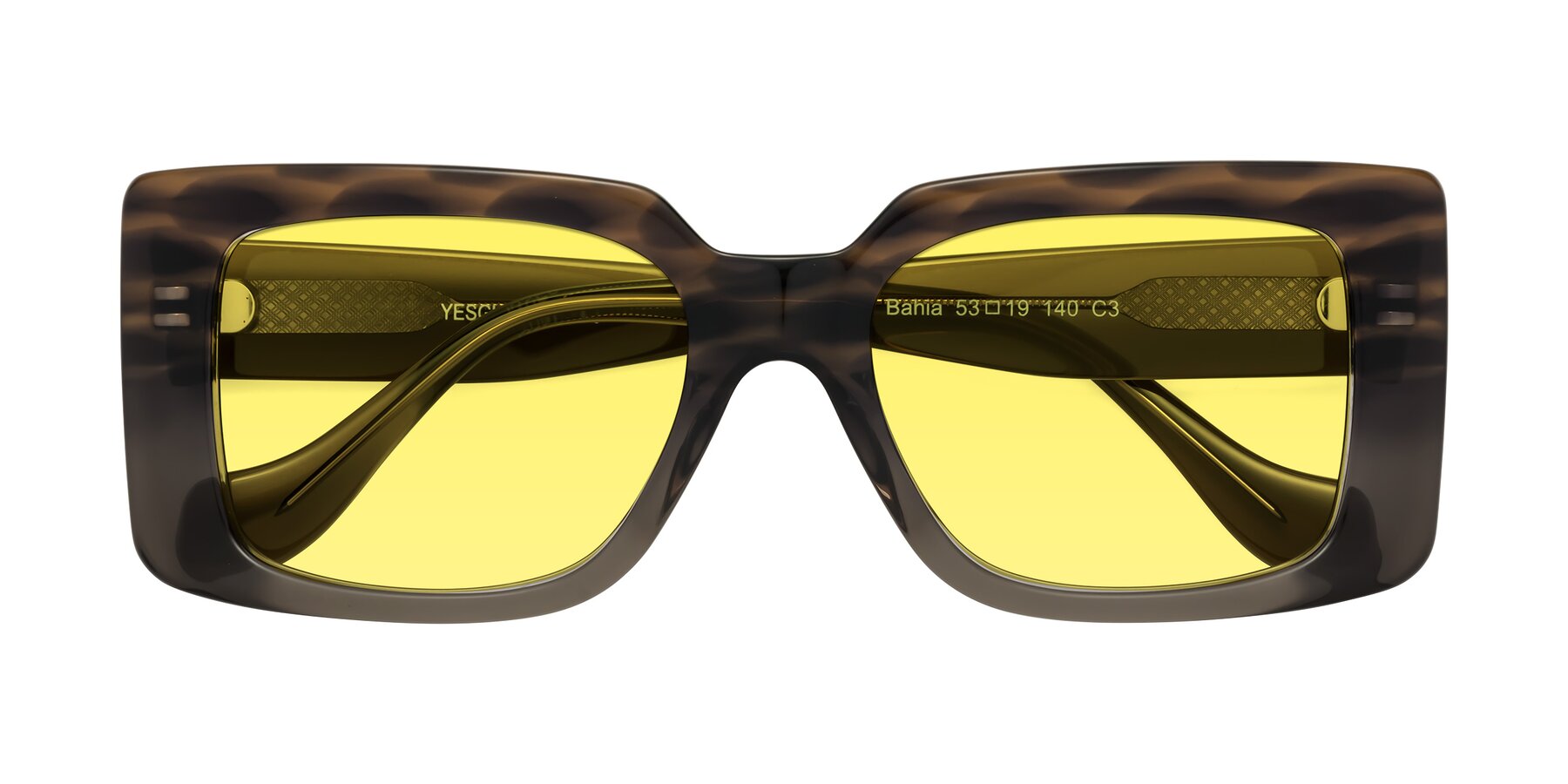 Folded Front of Bahia in Gray Striped with Medium Yellow Tinted Lenses