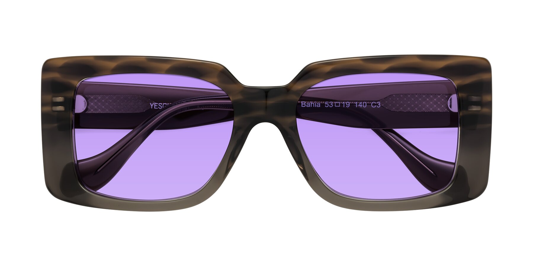 Folded Front of Bahia in Gray Striped with Medium Purple Tinted Lenses