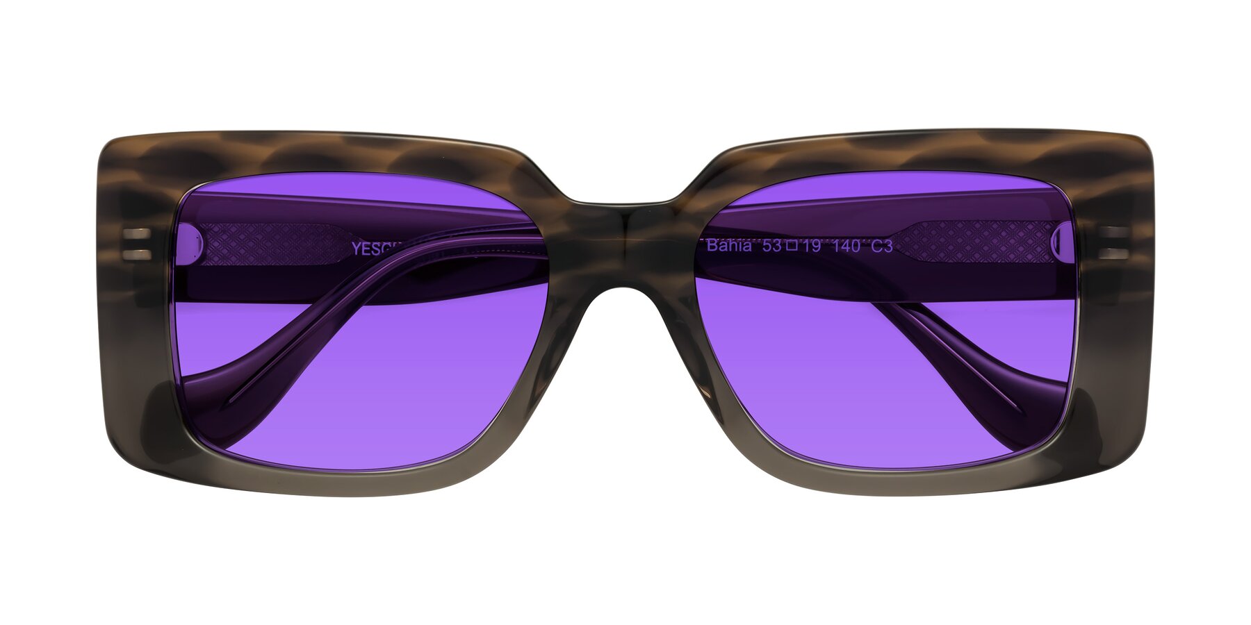 Folded Front of Bahia in Gray Striped with Purple Tinted Lenses