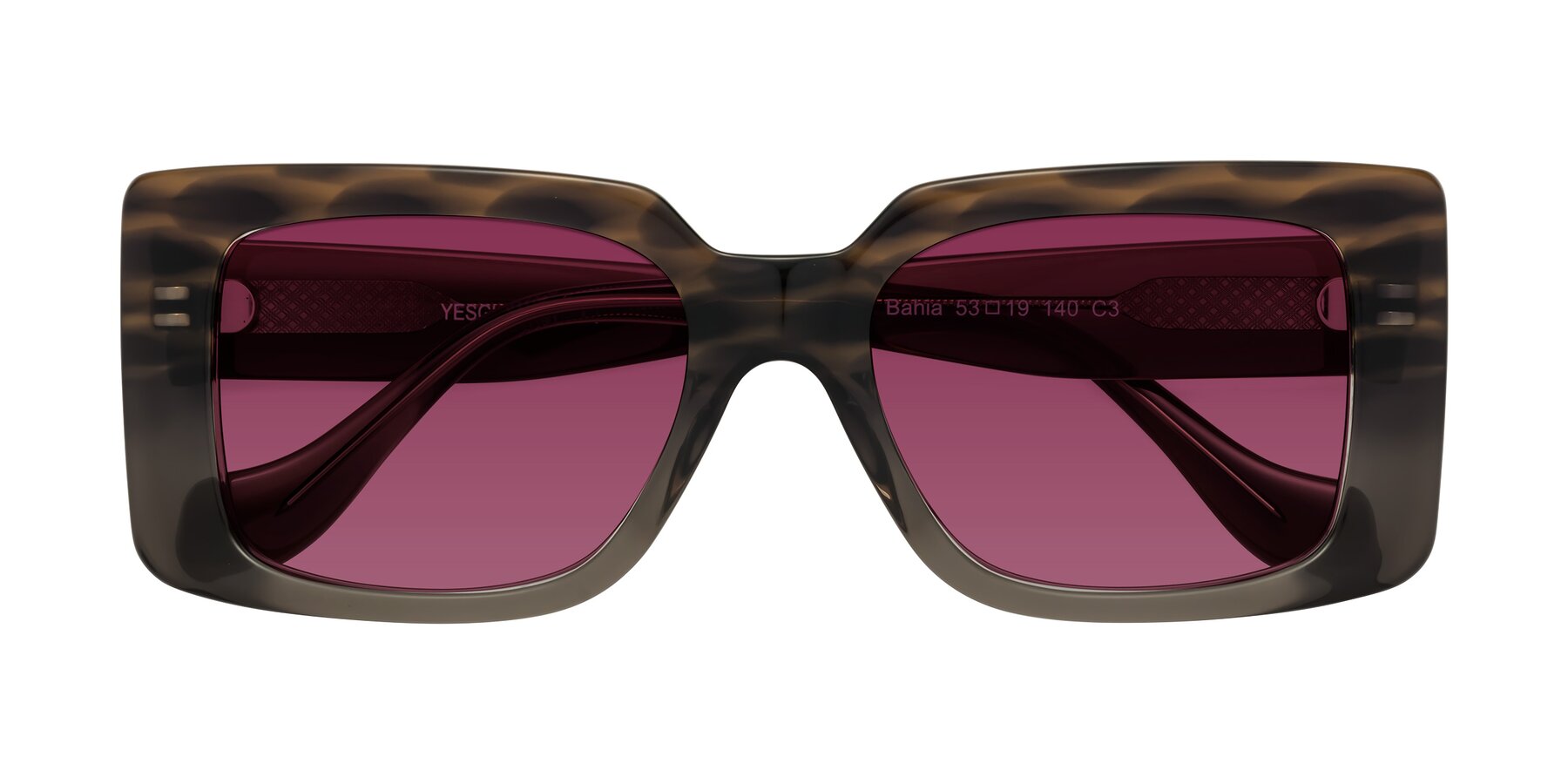 Folded Front of Bahia in Gray Striped with Wine Tinted Lenses