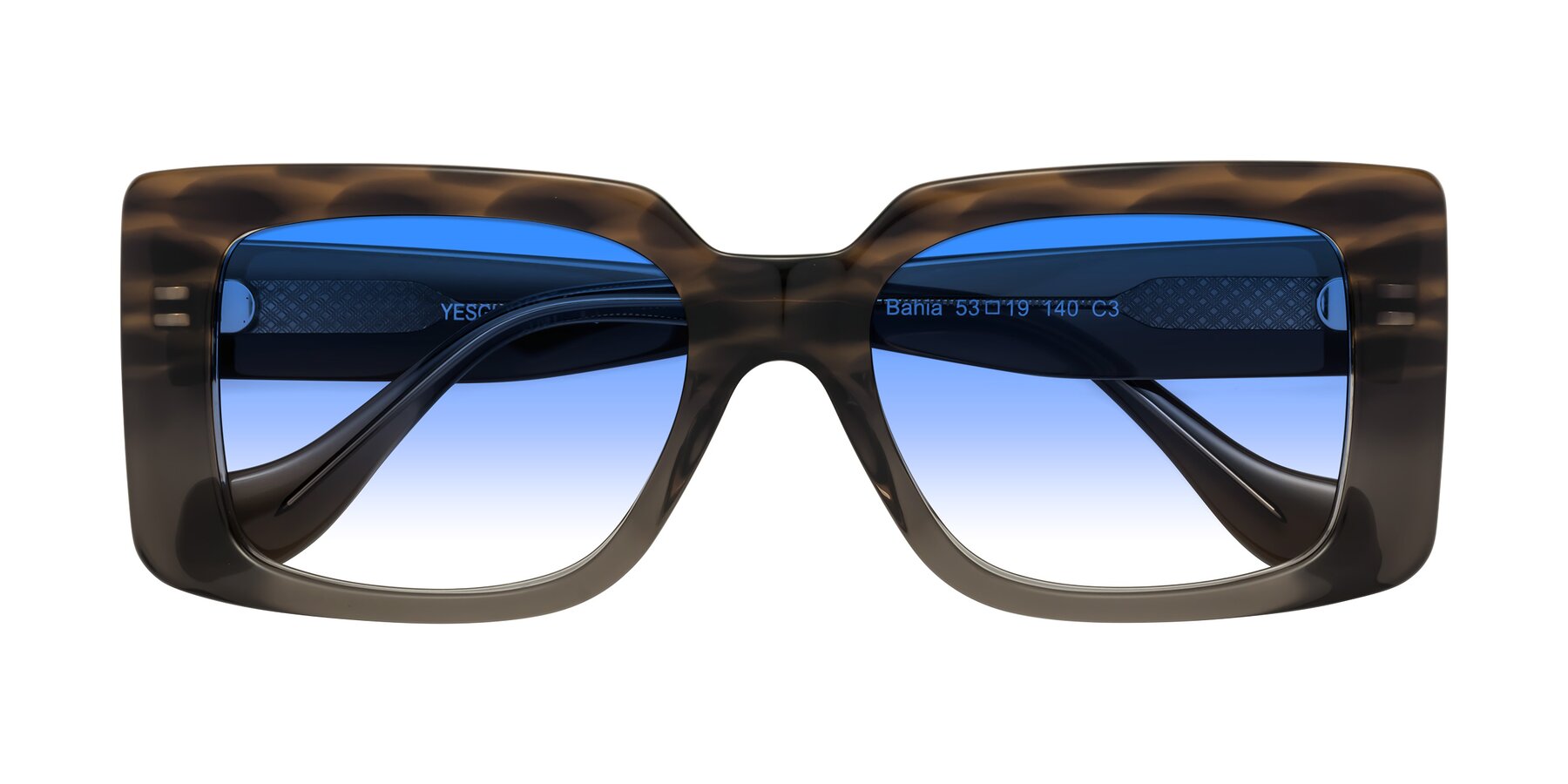 Folded Front of Bahia in Gray Striped with Blue Gradient Lenses