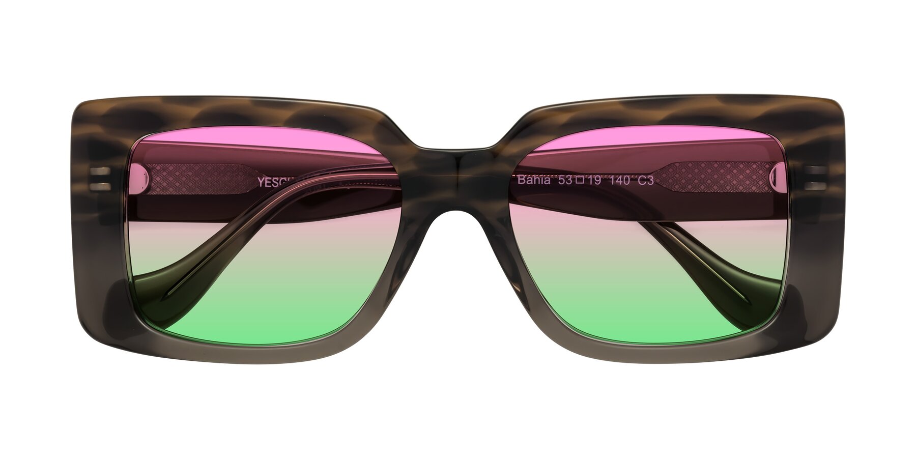 Folded Front of Bahia in Gray Striped with Pink / Green Gradient Lenses