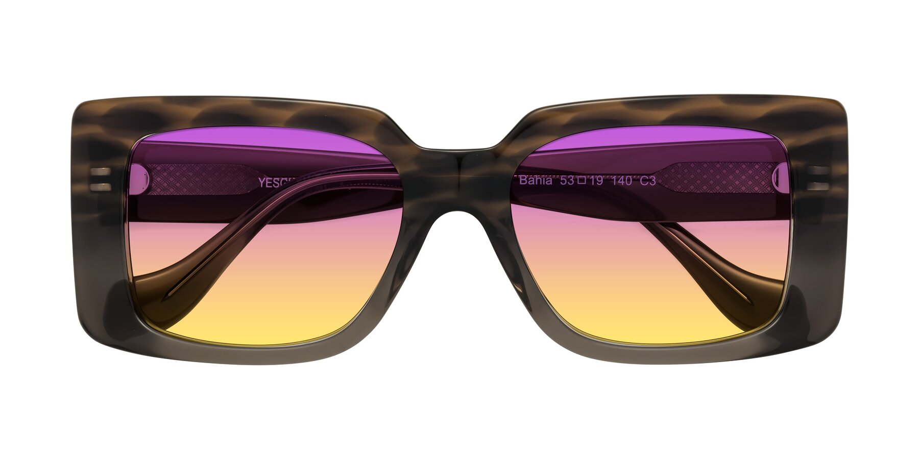 Folded Front of Bahia in Gray Striped with Purple / Yellow Gradient Lenses