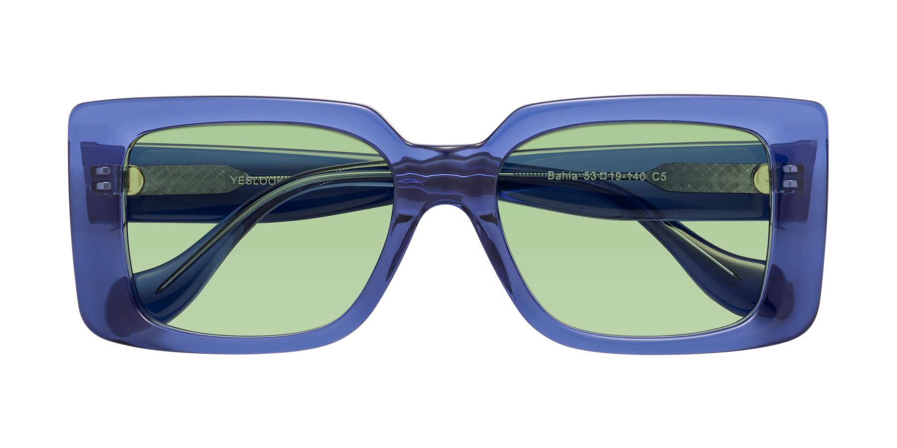 Folded Front of Bahia in Navy Blue with Medium Green Tinted Lenses