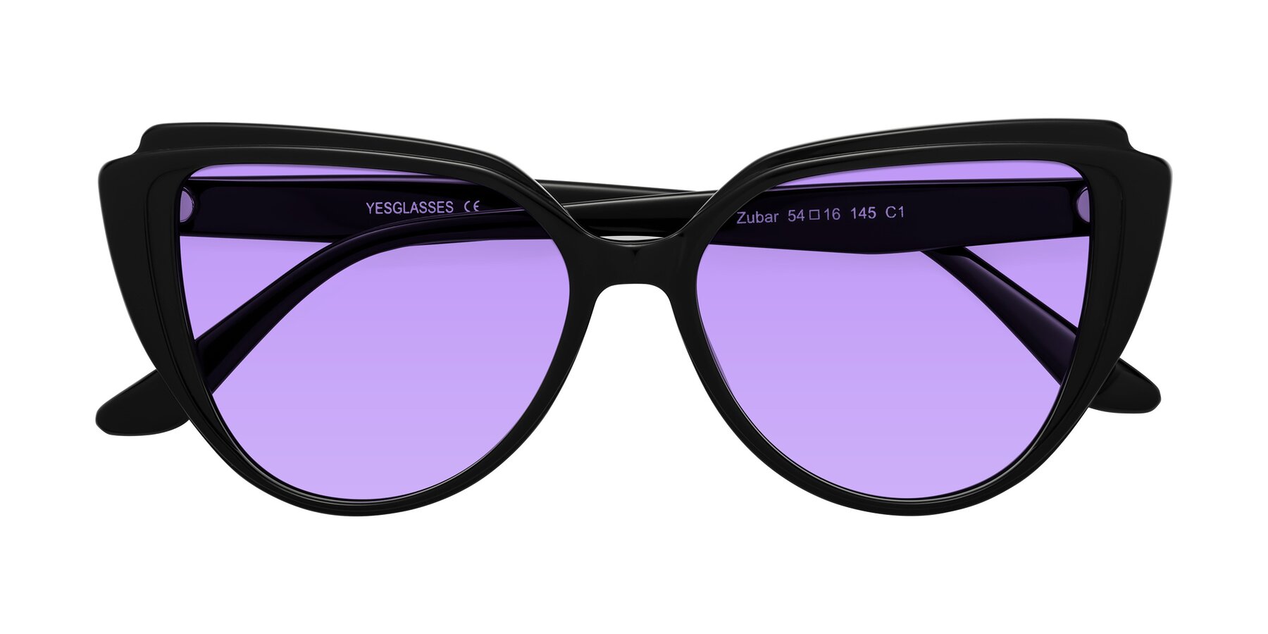 Folded Front of Zubar in Black with Medium Purple Tinted Lenses