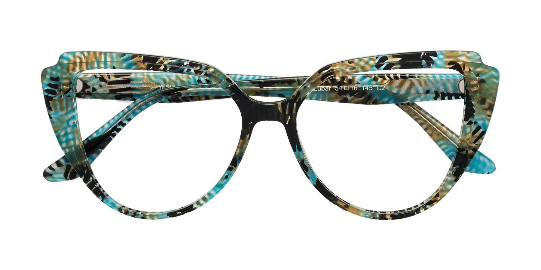 Folded Front of Zubar in Cyan Snake Print with Clear Reading Eyeglass Lenses