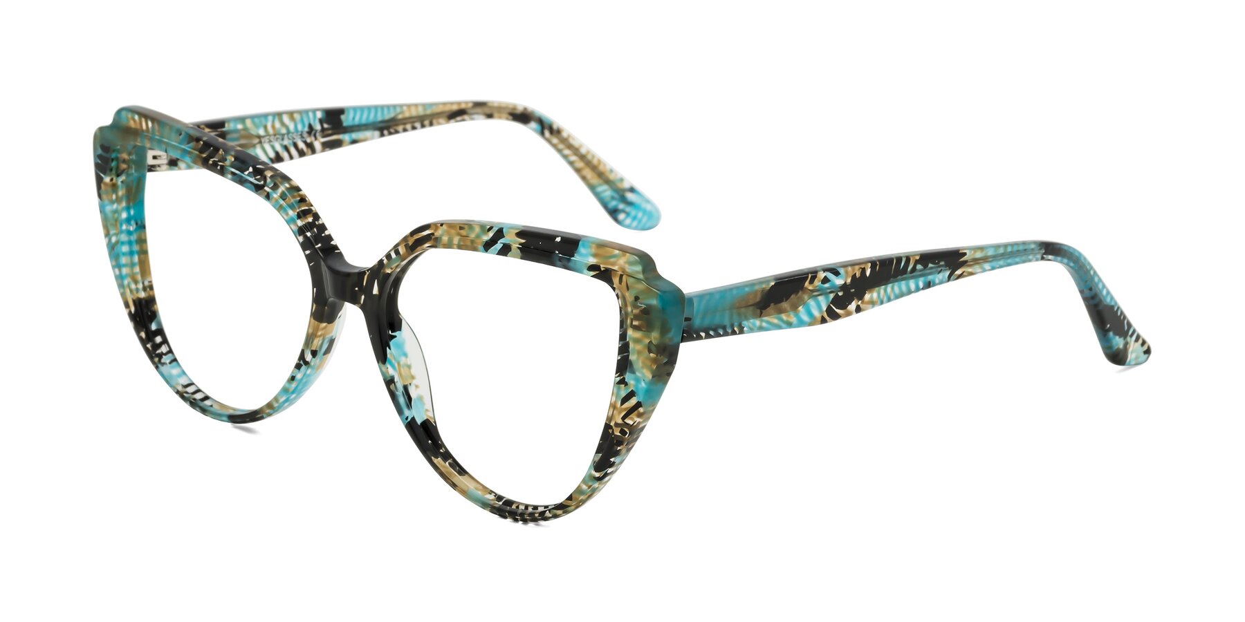 Angle of Zubar in Cyan Snake Print with Clear Reading Eyeglass Lenses
