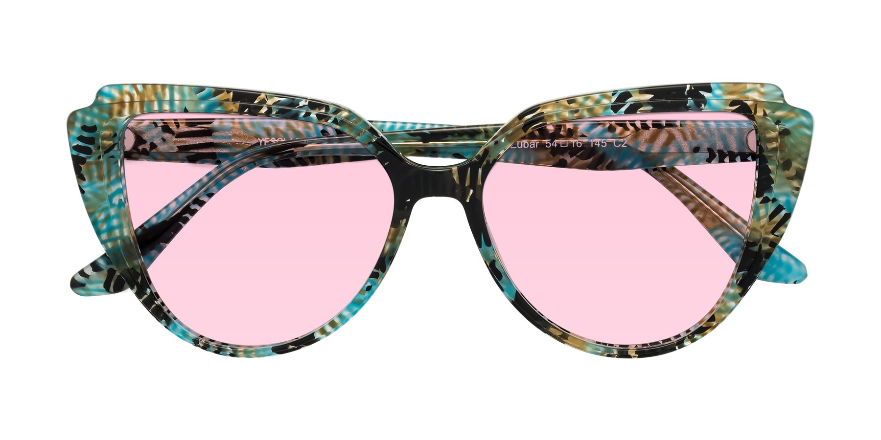Folded Front of Zubar in Cyan Snake Print with Light Pink Tinted Lenses