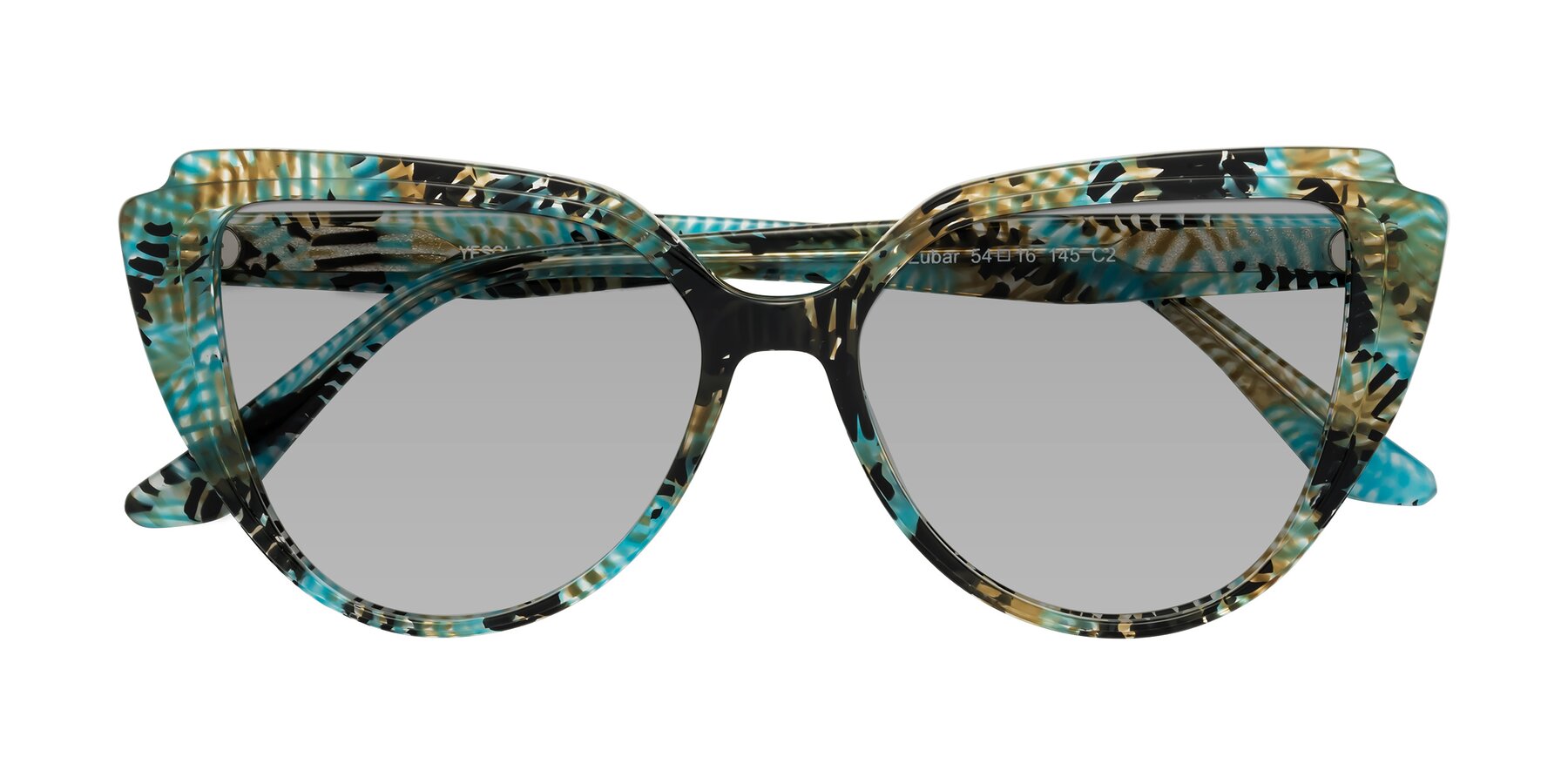 Folded Front of Zubar in Cyan Snake Print with Light Gray Tinted Lenses
