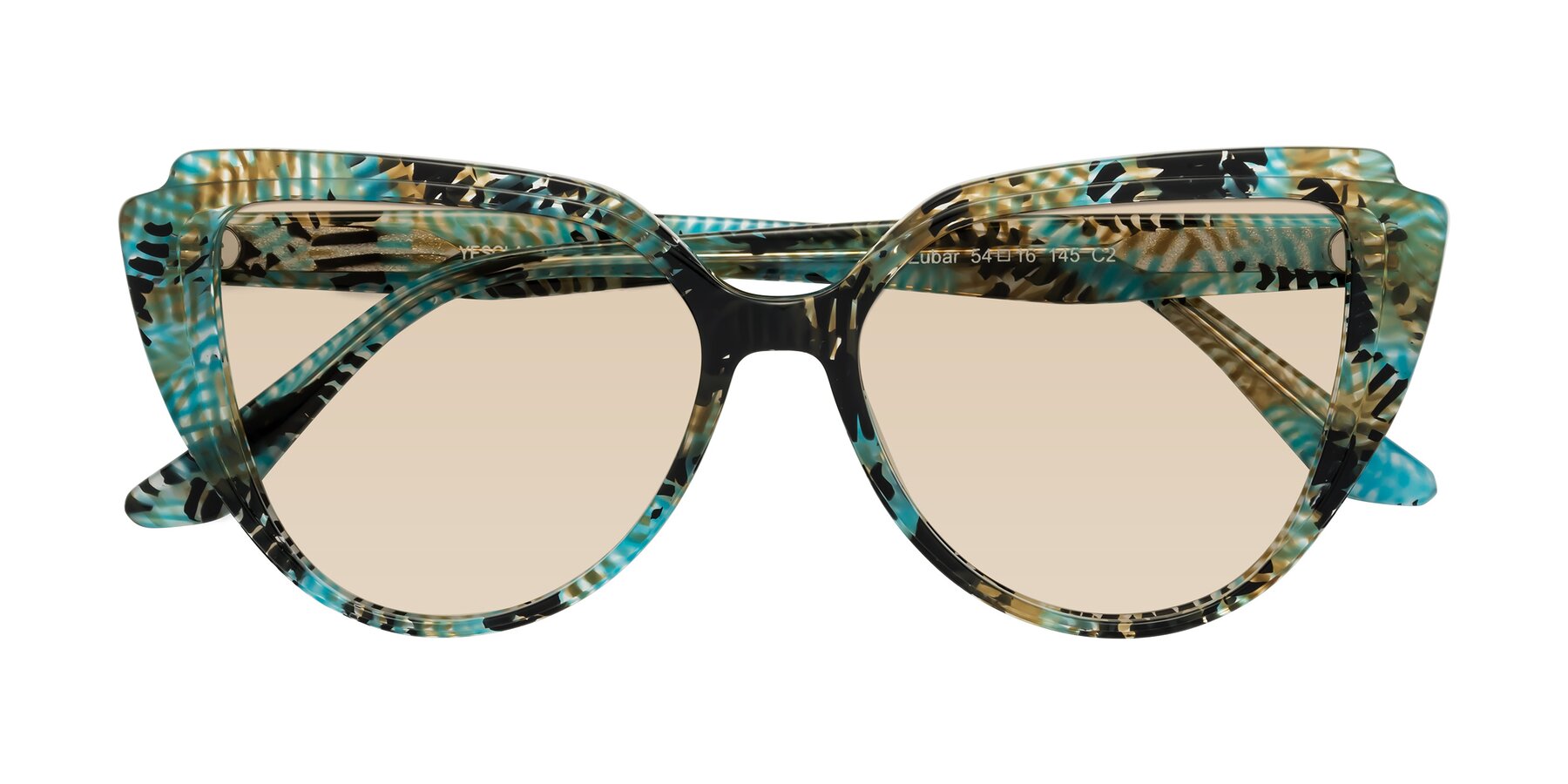Folded Front of Zubar in Cyan Snake Print with Light Brown Tinted Lenses
