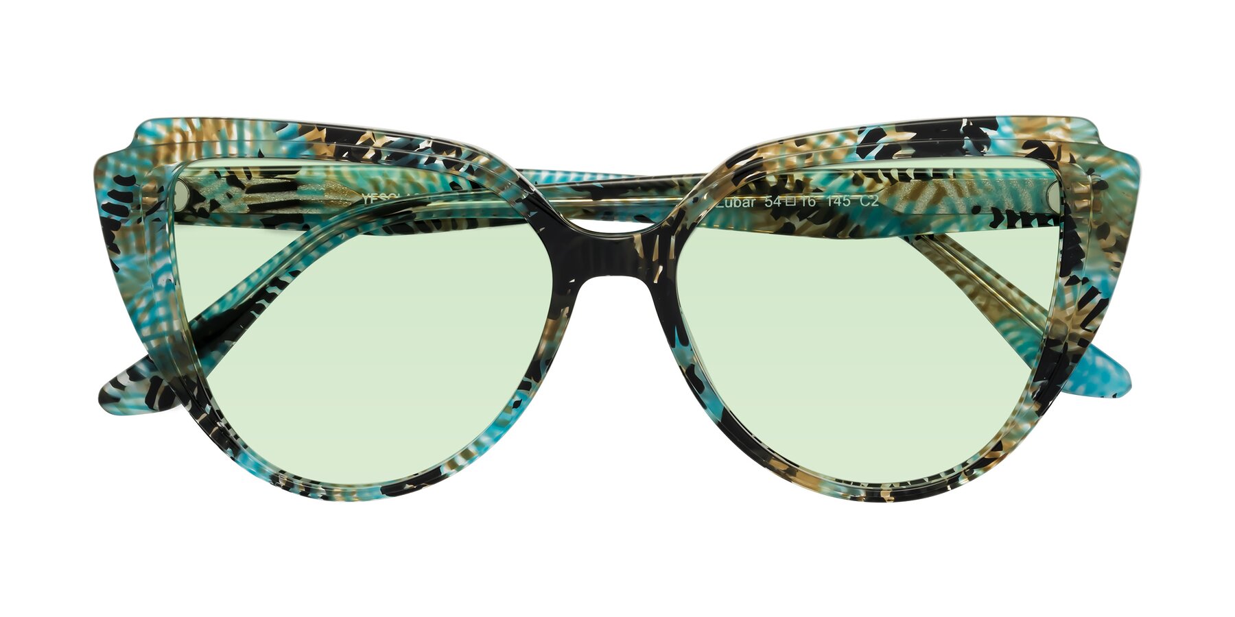 Folded Front of Zubar in Cyan Snake Print with Light Green Tinted Lenses